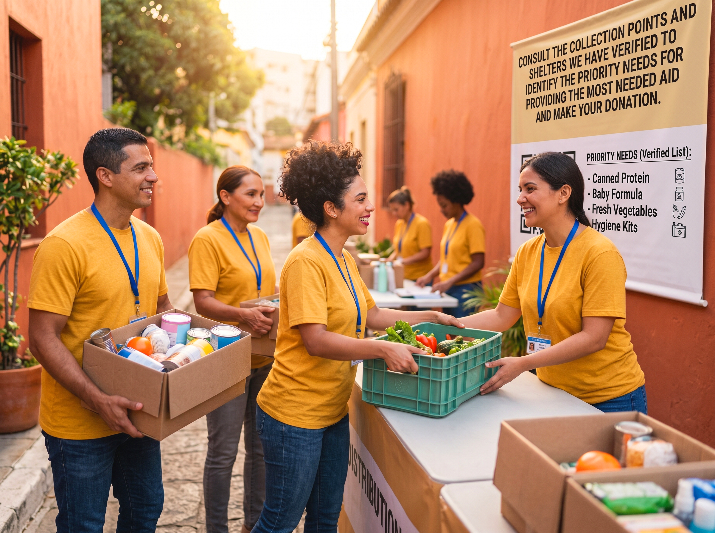 Voluntarios entregando insumos donados